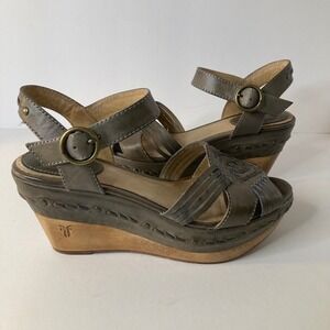 Frye Carlie Huarache Wood Studded Woven Leather Wedge Sandals 6 Gray M 73845